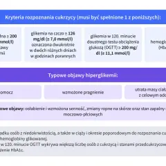 Kryteria rozpoznania cukrzycy typu 2: wysoka glikemia, objawy hiperglikemii jak wielomocz, pragnienie, utrata masy ciała.