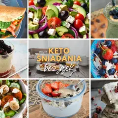 Keto śniadanie do pracy: kolorowe sałatki, owsianka z owocami, smoothie i keto batoniki.