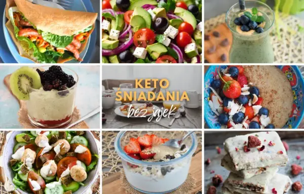Keto śniadanie do pracy: kolorowe sałatki, owsianka z owocami, smoothie i keto batoniki.